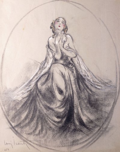 Una signora seduta in posa teatrale da Louis Icart