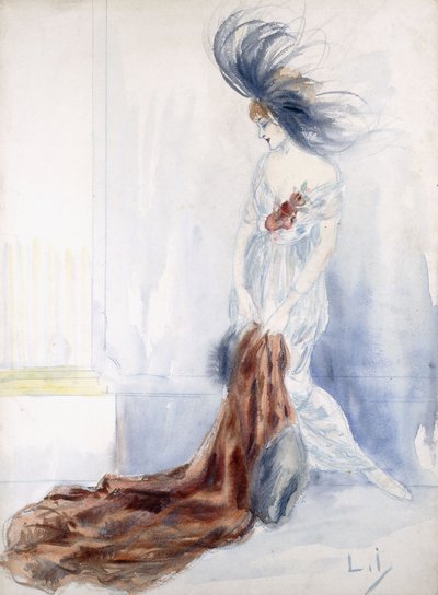 Elegante Signora con Cappello Piumato e Pelliccia da Louis Icart