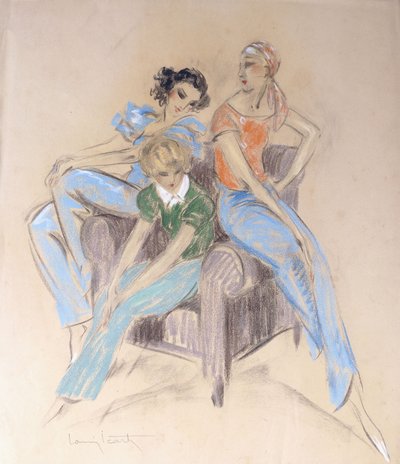 Tre ragazze sedute su una poltrona da Louis Icart