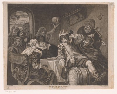 Compagnia festante con un uomo che beve con una corona (La fête des rois) da Louis Jaugey