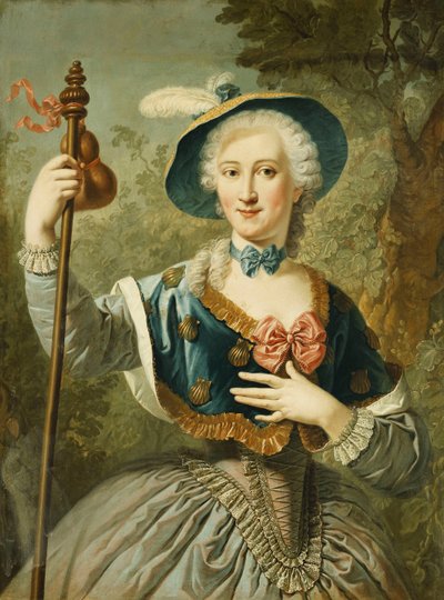 Ritratto di una signora, tre quarti di lunghezza, vestita da pellegrina, con cappello di paglia foderato di blu e piuma, 1747 da Louis Jean François Lagrenée
