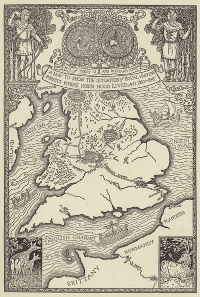 Una mappa per mostrare la posizione delle Foreste di Caccia Reali dove viveva Robin Hood, AD 1160-1247 da Louis John Rhead