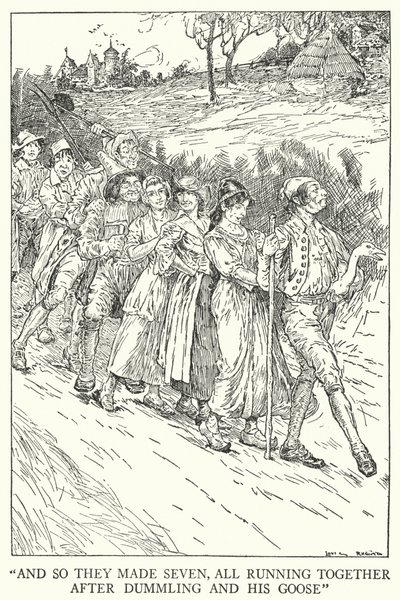 "E così fecero sette, tutti correndo insieme dietro Dummling e la sua oca" da Louis John Rhead