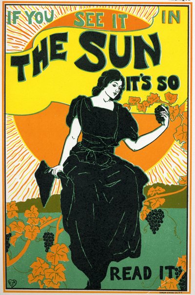 Letteratura. The Sun, giornale. Poster di Louis Rhead, USA, c.1890 (poster) da Louis John Rhead