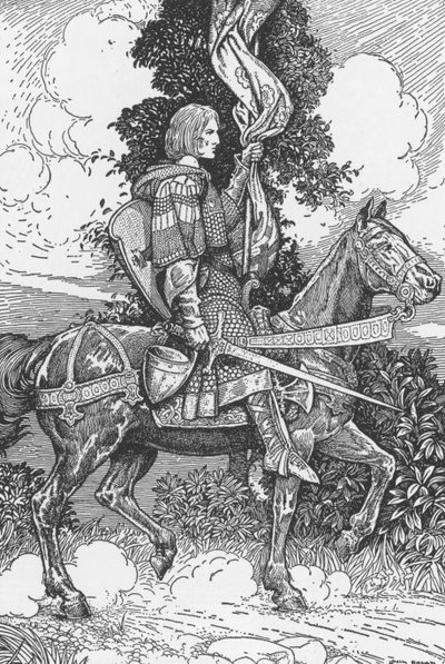 Sir Tristam cavalca verso il castello di Tintagel, illustrazione di Louis Rhead da 
