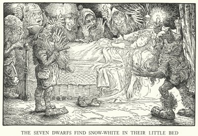 I Sette Nani trovano Biancaneve nel loro piccolo letto da Louis John Rhead