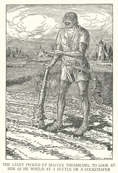 Il gigante raccolse Maestro Pollicino, per guardarlo come farebbe con uno scarabeo o un maggiolino da Louis John Rhead