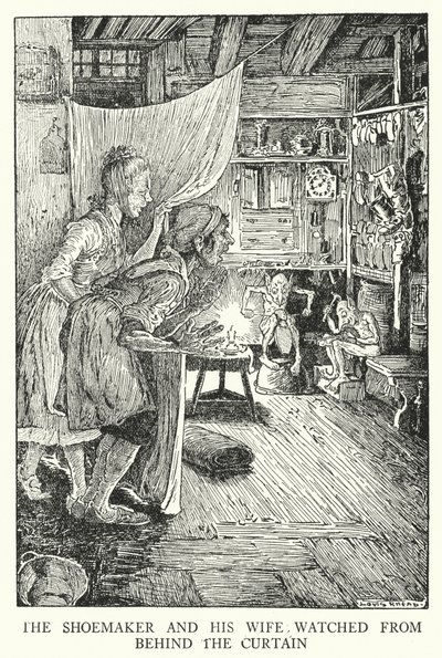 Il calzolaio e sua moglie guardavano da dietro la tenda (litografia) da Louis John Rhead