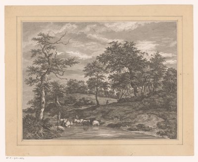 Paesaggio boschivo con pastore presso uno stagno (Le Petit Aubrevoir) da Louis Joseph Masquelier