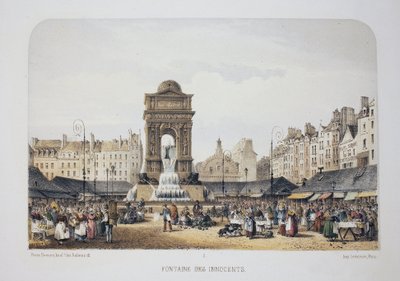 Fontana degli Innocenti (Fontana delle Ninfe), Parigi. Litografia acquarellata, illustrazione di Arnout, in "Album, souvenirs de Paris", editore Daziaro, Parigi da Louis Jules Arnout