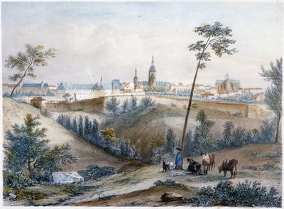Bouvier nella campagna bretone (Dinan in lontananza) - litografia di Jacottet e Benoist da Louis Julien Jacottet