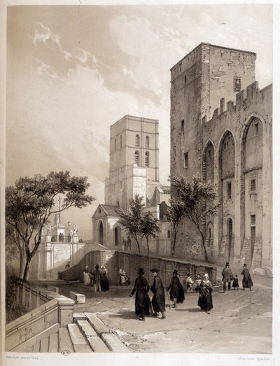 Palazzo dei Papi ad Avignone, e i passeggiatori di Avignone nel 19° secolo da Louis Julien Jacottet