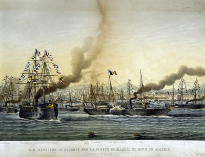 Napoleone III scortato dalla flotta da battaglia andò in Algeria nel settembre 1860, incisione del 1865 da Louis Le Breton