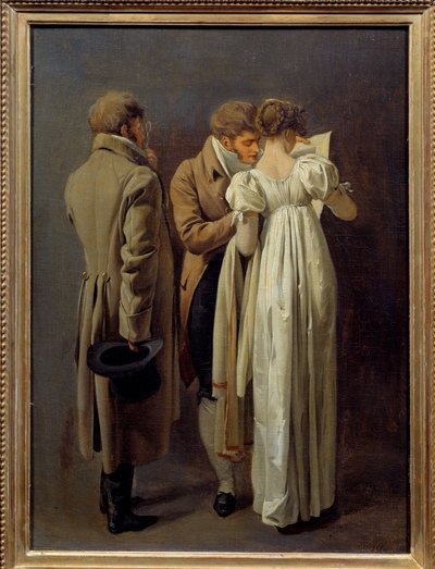 Amanti delle stampe Giovani vestiti alla moda del Primo Impero contemplano una stampa da Louis Leopold Boilly