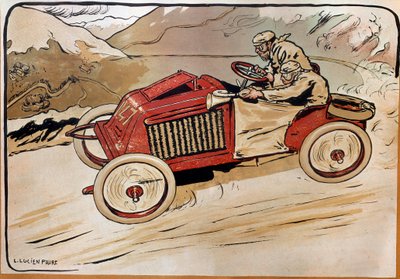 Automobile: una macchina da corsa. Marcel Renault (1872-1903) e Rene Vauthier attraversano le Alpi durante la gara PARIGI-VIENNA nel 1902 in auto 147. Litografia di Louis Lucien Faure Dujarric (1872-?), XX secolo. Conservatoire national des Arts et Metiers da Louis Lucien Faure Dujarric