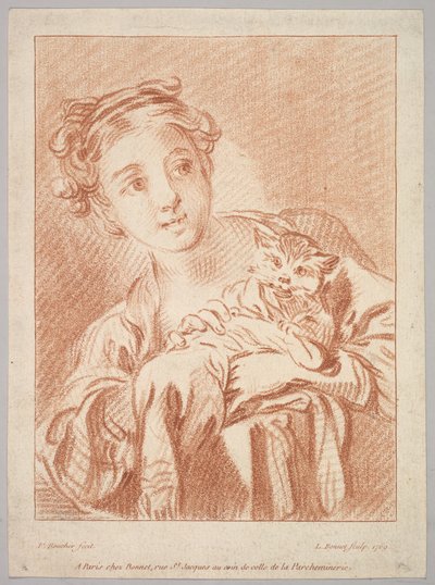 Una giovane ragazza con un gatto da Louis Marin Bonnet