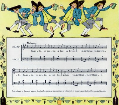 Spartito e illustrazione di Louis Maurice Boutet de Monvel della canzone per bambini Ragotin da Louis Maurice Boutet de Monvel