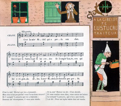 Spartito e illustrazione della canzone per bambini La mere Michel da Louis Maurice Boutet de Monvel