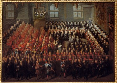 Letto di giustizia tenuto da Luigi XV (1710-1774) nella Grande Camera del Parlamento di Parigi per annullare il testamento di Luigi XIV (1638-1715) da Louis Michel Dumesnil