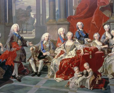 La Famiglia di Filippo V di Spagna (1683-1746) (dettaglio) che raffigura il re, la sua seconda moglie Elisabetta Farnese e il futuro Ferdinando VI da Louis Michel van Loo