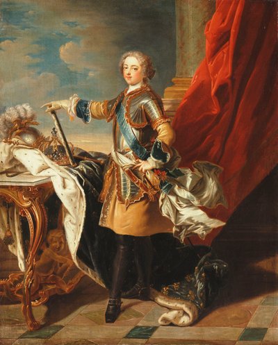 Ritratto di re Luigi XV, a figura intera, in mezza armatura da Louis Michel van Loo