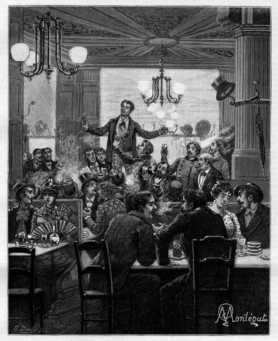 Al centro, su un tavolo, Desroches guida il charivari. Scena in un caffè parigino: persone cantano, bevono, fumano, chiacchierano e flirtano intorno ai tavoli. In “Trenta anni di Parigi” raccolta autobiografica di Alphonse Daudet (1840-1897). Incisione dop da Louis Montegut