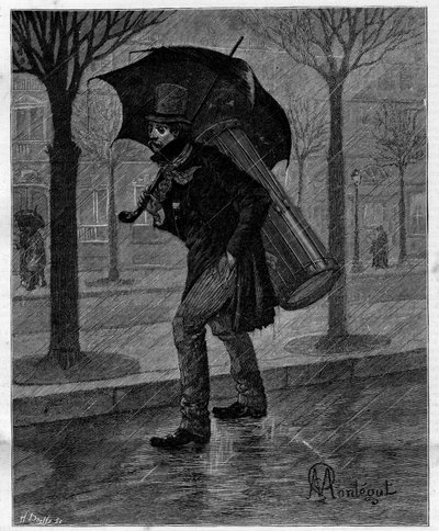 Povero raccolto! Povera cicala bagnata! ... Suonatore di tamburo in miseria che cammina sotto la pioggia per le strade di Parigi. In "Trenta anni di Parigi" raccolta autobiografica di Alphonse Daudet (1840-1897). Incisione dopo le illustrazioni di Montegut da Louis Montegut