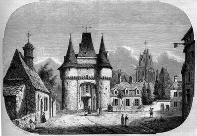 Architettura: vista della porta Saint Julien, sullo sfondo, vista della chiesa gotica Notre Dame des Marais. La Ferte Bernard, Sarthe. da Louis Moullin