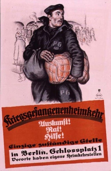 Poster tedesco che consiglia ai prigionieri di guerra di ritorno dove andare per aiuto da Louis Oppenheim