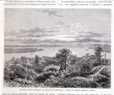 Confluenza del fiume Mekong e del canale del lago Touli - disegno di Sabatier secondo Mr. Mouhot. "Tour du monde" da Louis Remy Sabatier