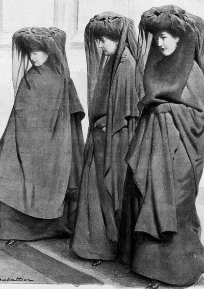 Le principesse Louise, Stephanie e Clementine di Sassonia Coburgo in lutto al funerale del loro padre, re Leopoldo II del Belgio, nel dicembre 1909. Illustrazione di Louis Remy Sabattier da Louis Remy Sabattier