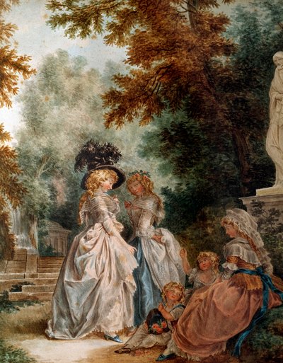 Passeggiata nel parco (giovani donne eleganti durante un momento di relax in un giardino, acquerello di Louis Trinquesse, XVIII secolo, Parigi, Musee Carnavalet) da Louis Rolland Trinquesse