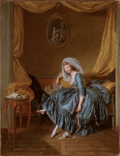 Giovane donna che legge la sua corrispondenza in camera da letto da Louis Rolland Trinquesse