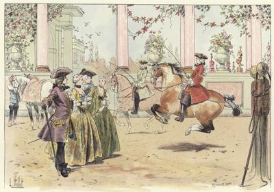 Un gruppo di uomini e donne che guardano una performance equestre da Louis Vallet