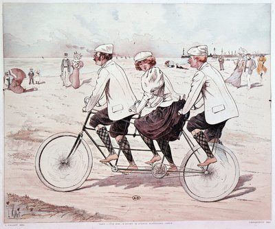 Tandem, tre persone in bicicletta sulla spiaggia - disegno di L. Vallet da Louis Vallet