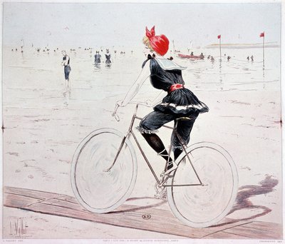 Donna in bicicletta sulla spiaggia - disegno di L. Vallet da Louis Vallet