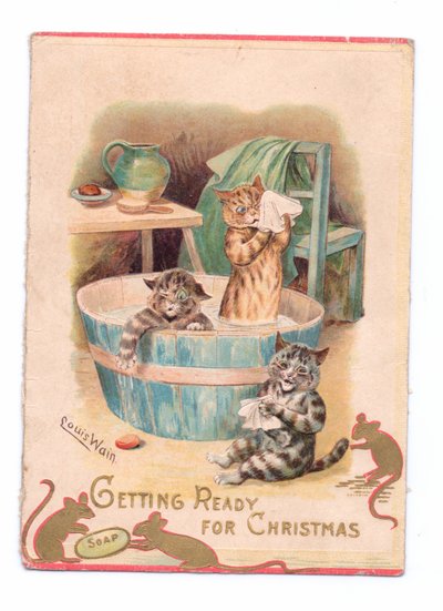 Cartolina di Natale vittoriana di due gatti in una vasca da bagno mentre due topi giocano con una saponetta, c.1880 da Louis Wain