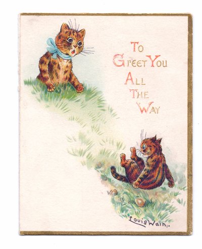 Cartolina vittoriana di auguri di due gatti, uno che cade e l