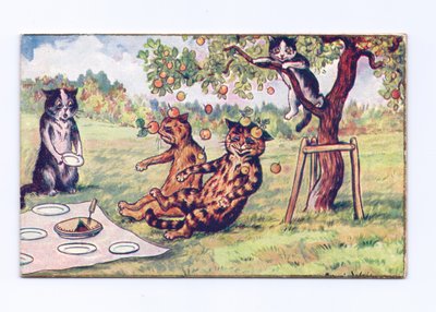 Cartolina vittoriana di auguri di mele che cadono su due gatti durante un picnic, c.1880 da Louis Wain