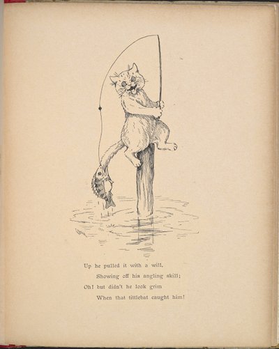 Un gatto che pesca con una canna. da Louis Wain