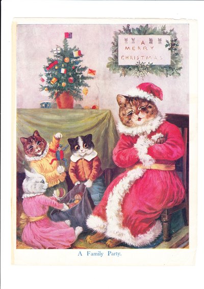 Una stampa della festa di Natale di un gatto di Louis Wain con un gatto padre antropomorfizzato vestito da Babbo Natale circondato da piccoli gatti e un albero di Natale, c.1890 da Louis Wain