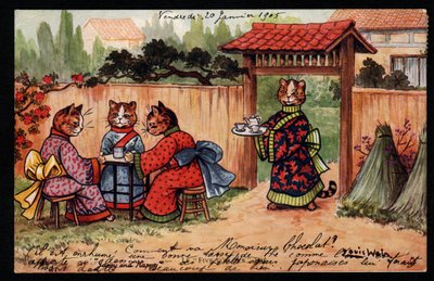 Animali in postura umana. Gatto in kimono che beve il tè in un giardino giapponese. Cartolina. Cromolitografia di Louis Wain (1860-1939), artista inglese noto per la sua rappresentazione di gatti dagli occhi grandi. Inizio del 20° secolo. Collezione privat da Louis Wain