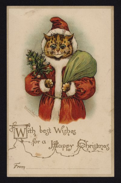 Gatto come Babbo Natale, biglietto di auguri di Natale (cromolitografia) da Louis Wain