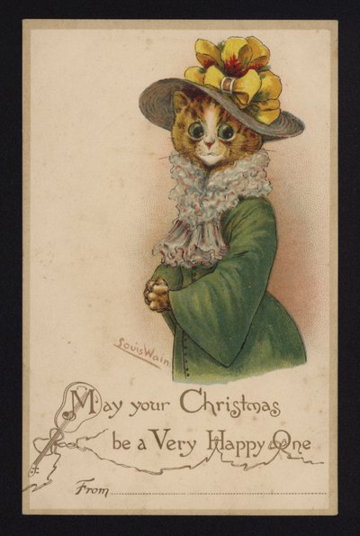 Gatto con cappello e cappotto da donna, biglietto di auguri di Natale (cromolitografia) da Louis Wain