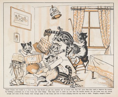 Gatti che giocano con scatole in una stanza da Louis Wain
