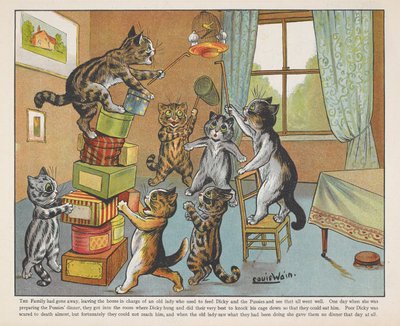 Gatti che giocano con scatole in una stanza. da Louis Wain
