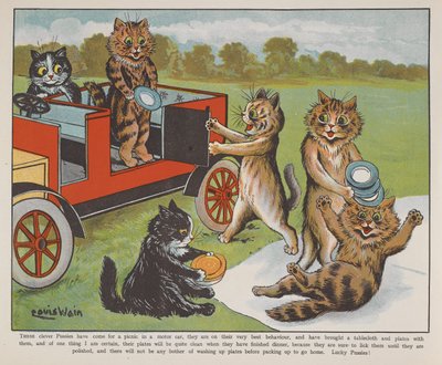 Gatti che si preparano per un picnic. da Louis Wain