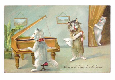 Cartolina edoardiana di un gatto che suona il pianoforte e l