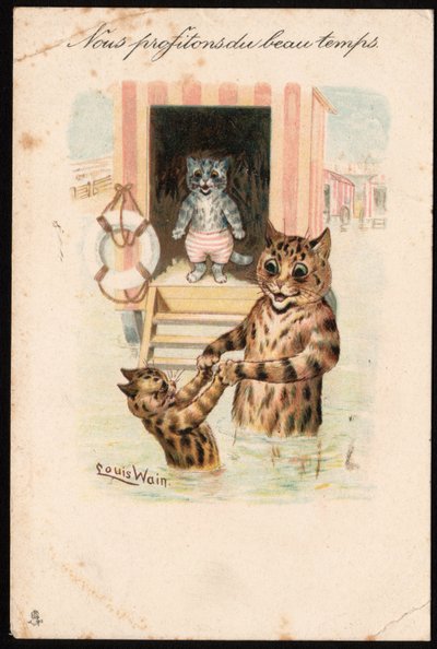 Nous profitons du beau temps. Animali in postura umana. Bagno di mare di gatti in vacanza. Cartolina. Cromolitografia di Louis Wain (1860-1939), artista inglese noto per la sua rappresentazione di gatti dagli occhi grandi. Inizio del 20° secolo. Collezione da Louis Wain