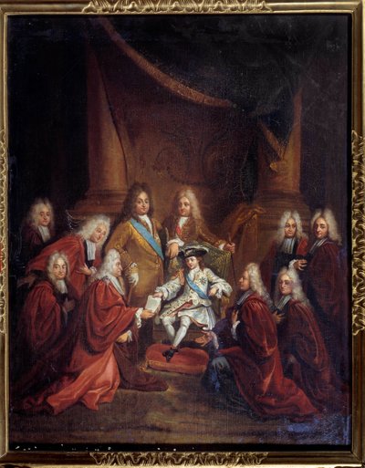 Re Luigi XV (1710-1774) bambino che concede lettere di nobiltà al corpo cittadino nel 1716 Dipinto di Louis Boullogne il Giovane (1654-1733) 1716 Parigi, Museo Carnavalet da Louis de Boullogne